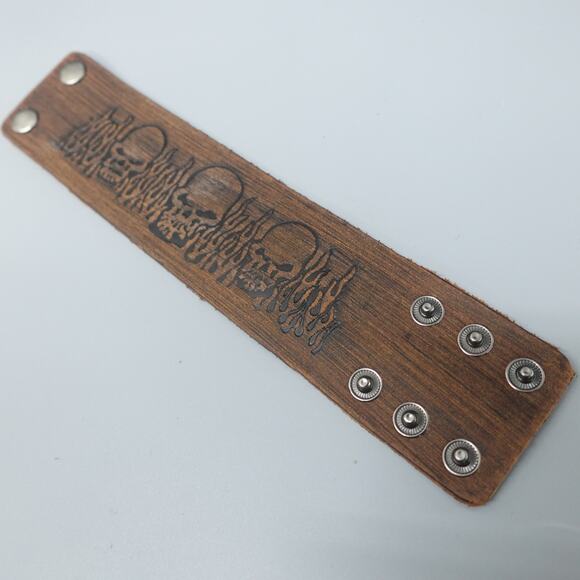 Brown Leather Bracelet w/ Flame & Skulls Embossed SL-24 - Picture 1 of 4